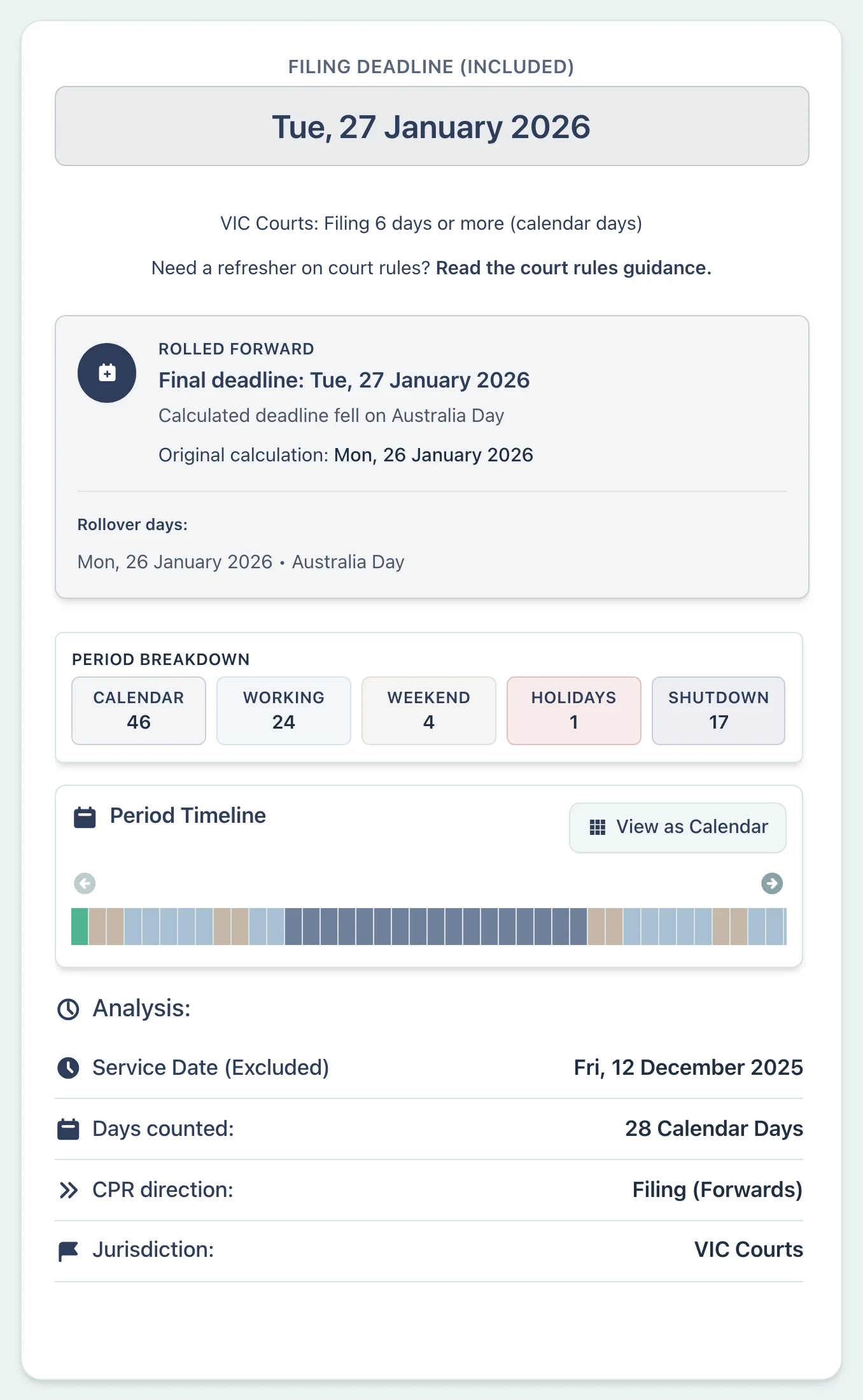 Victorian court filing deadline with vacation suspension
