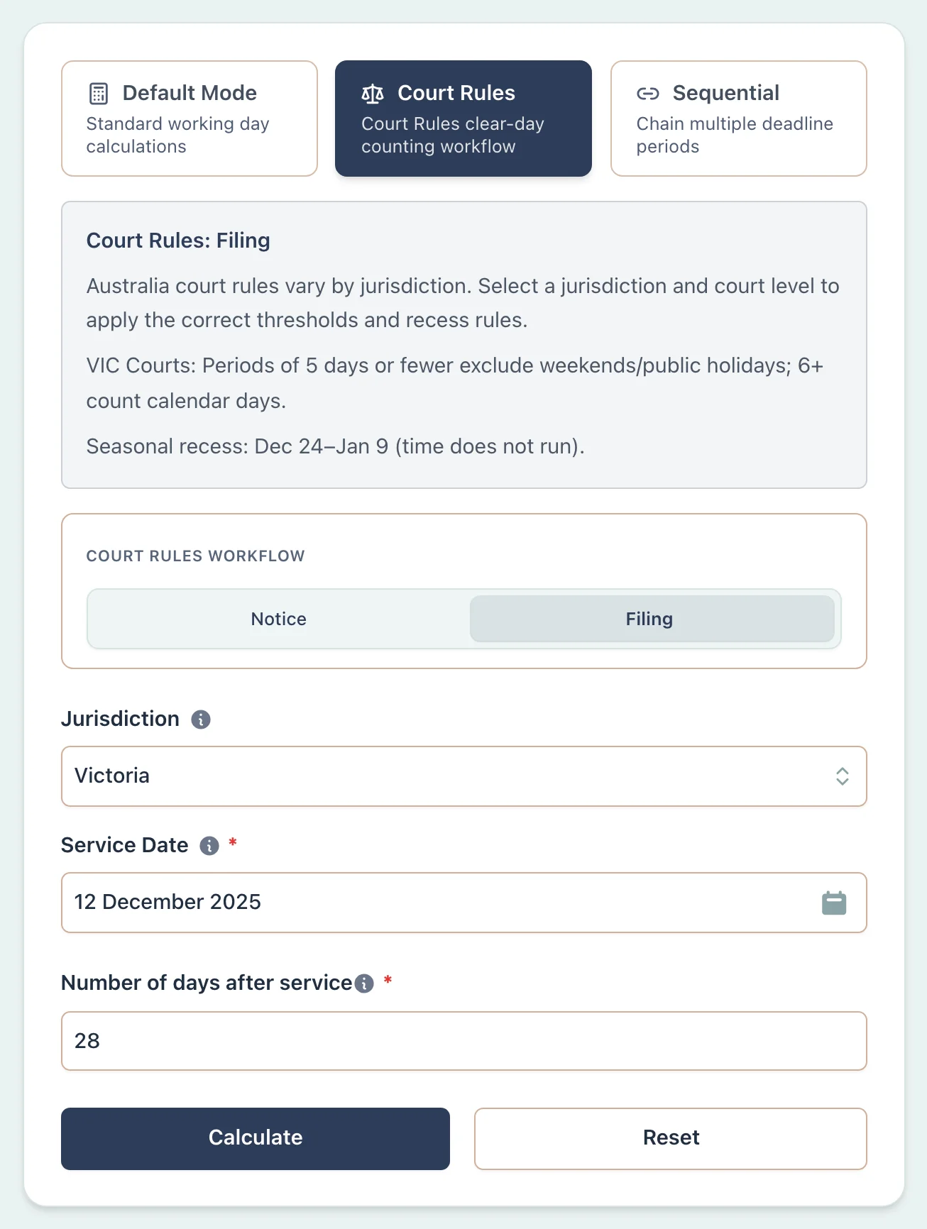 VIC court filing deadline scenario setup