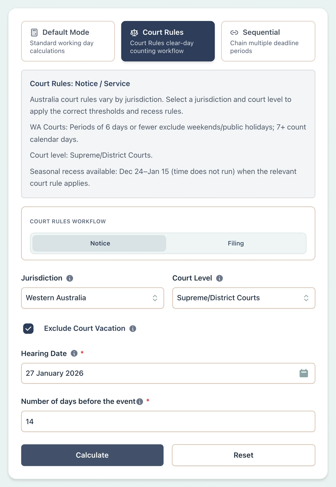WA court vacation notice scenario setup