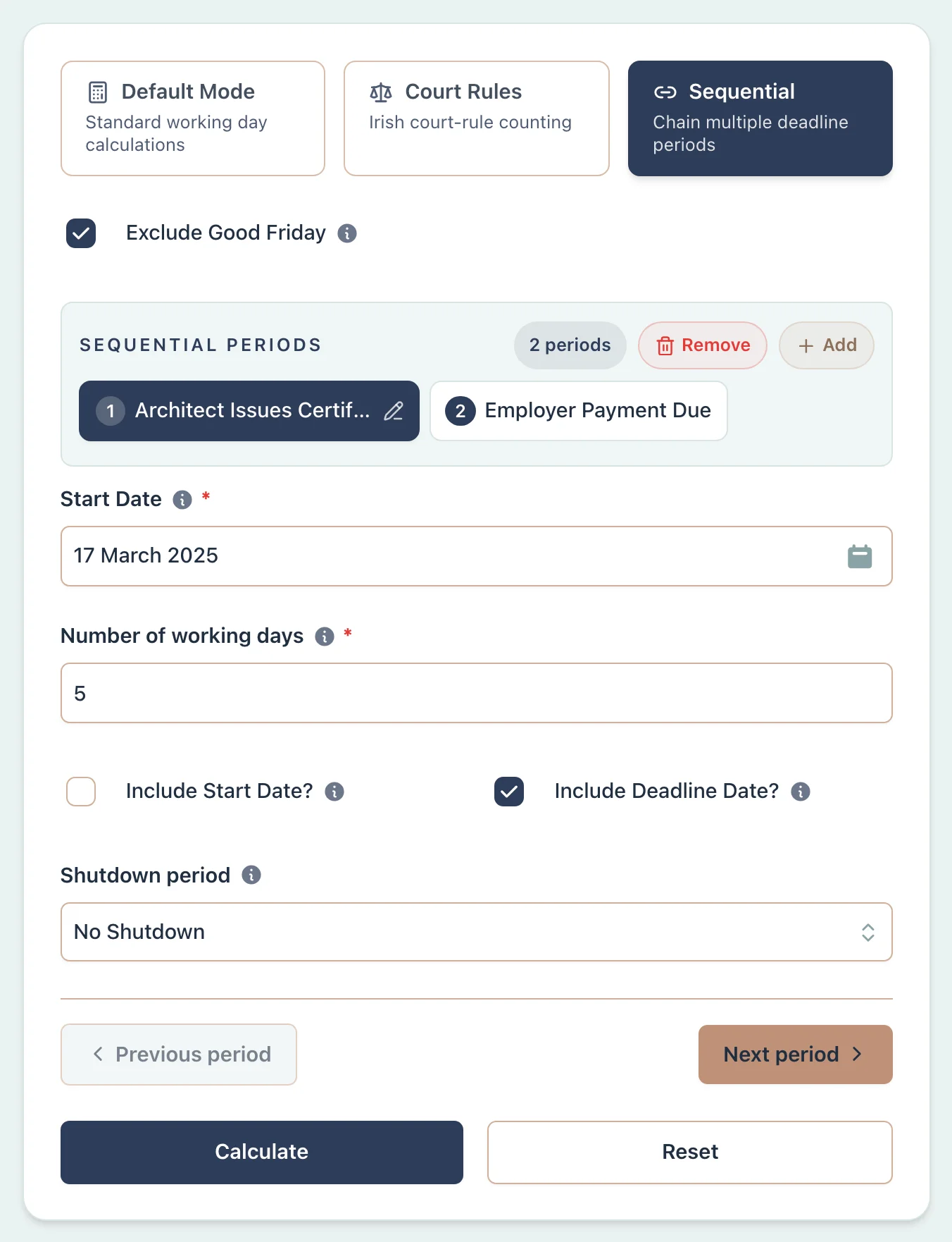 Calculator setup for RIAI construction contract payment deadlines