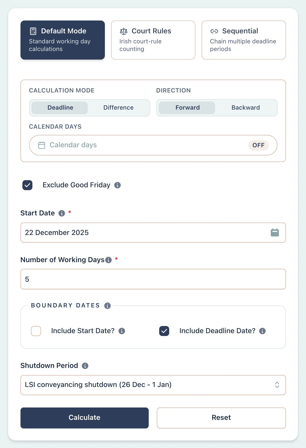 Calculator setup for Irish property title query deadline