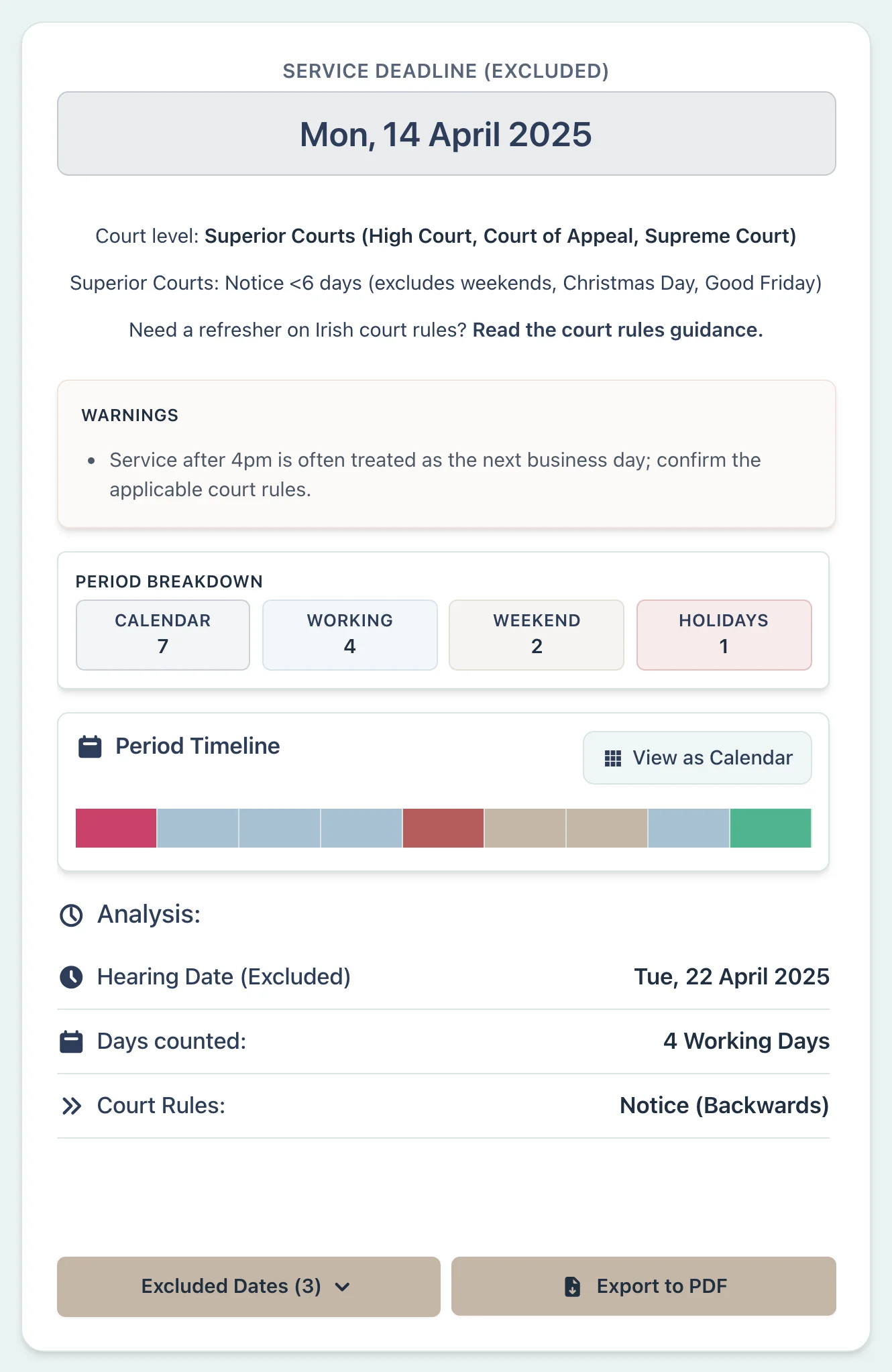 Calculator result for Irish court service deadline under RSC Order 122