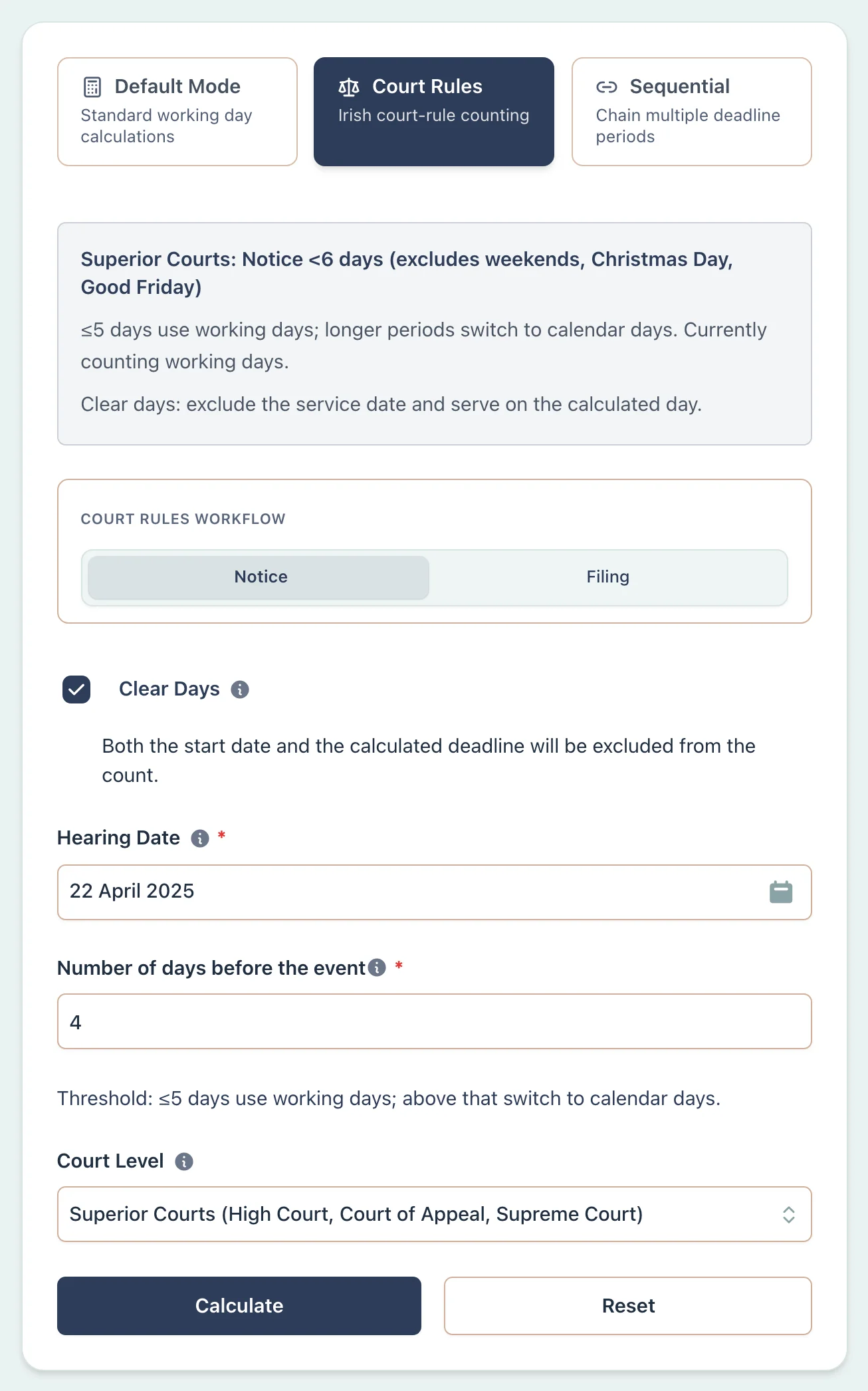 Calculator setup for Irish Superior Courts notice of motion service
