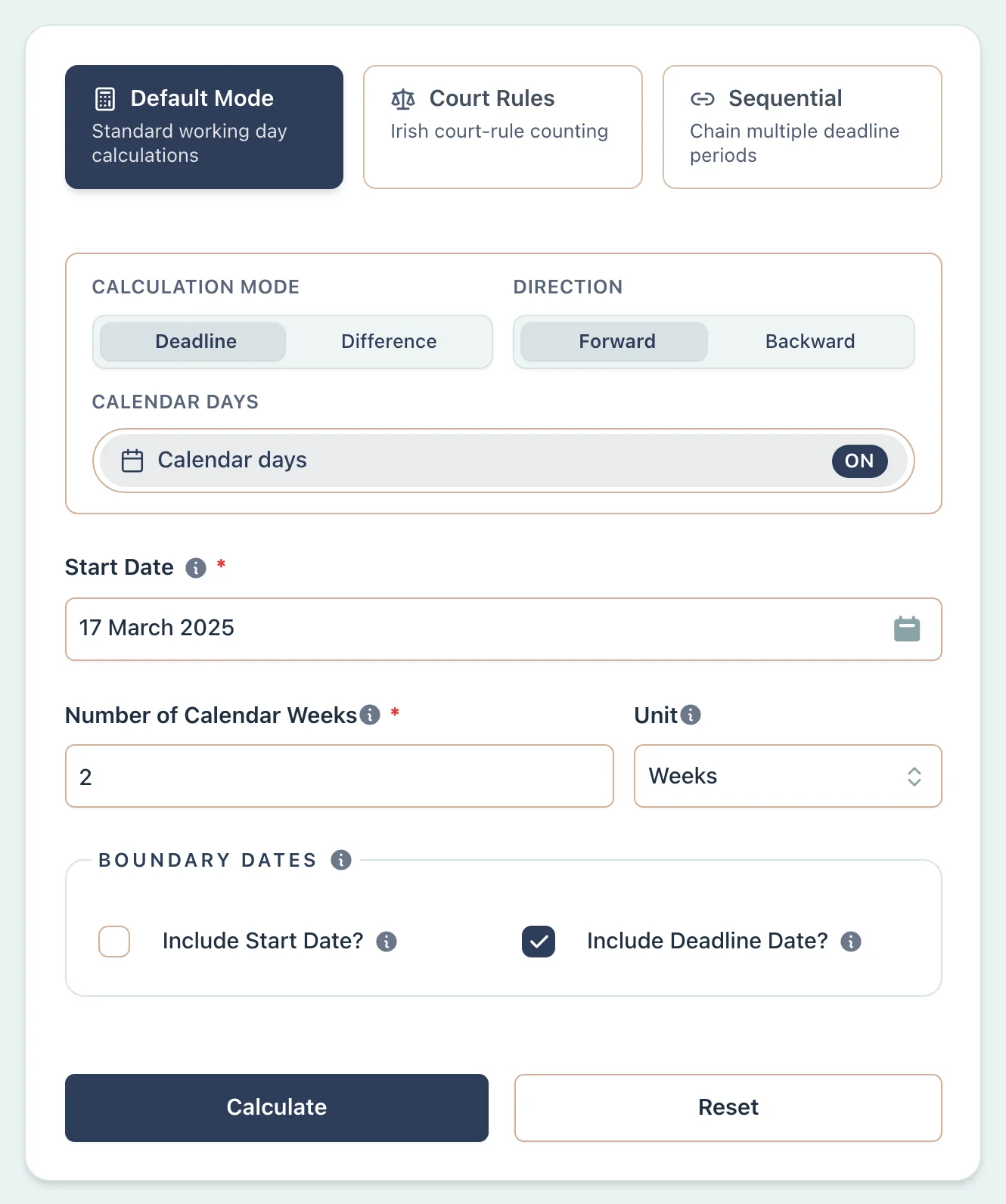 Calculator setup for Irish employment notice period