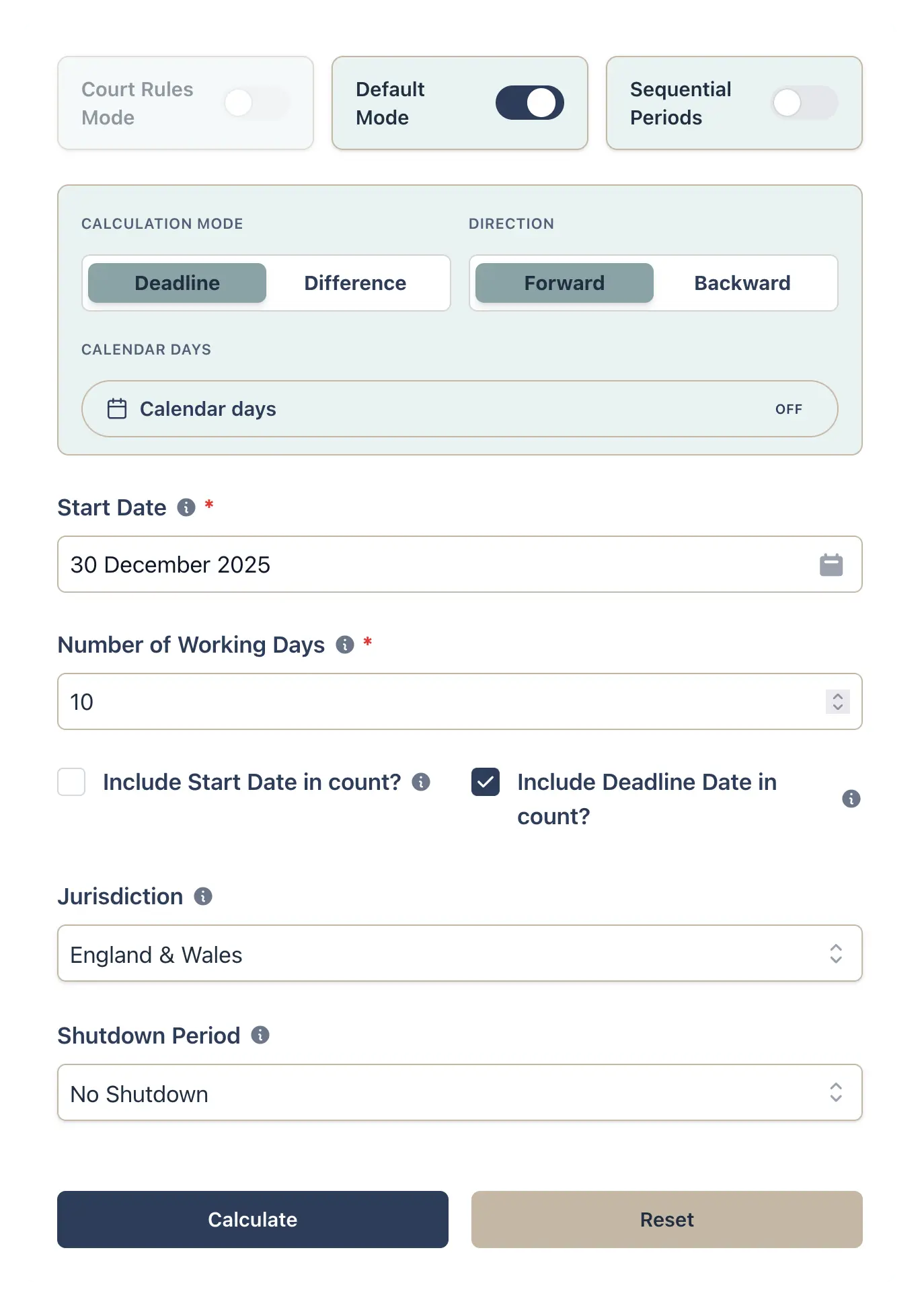 Working day calculator input form